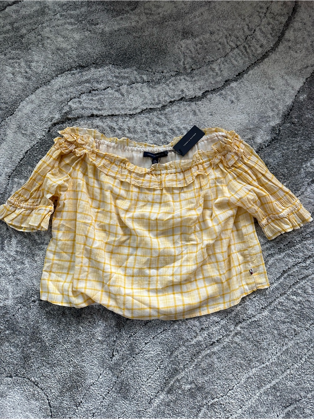 Tommy Hilfiger Yellow Plaid Off-Shoulder Women's Top